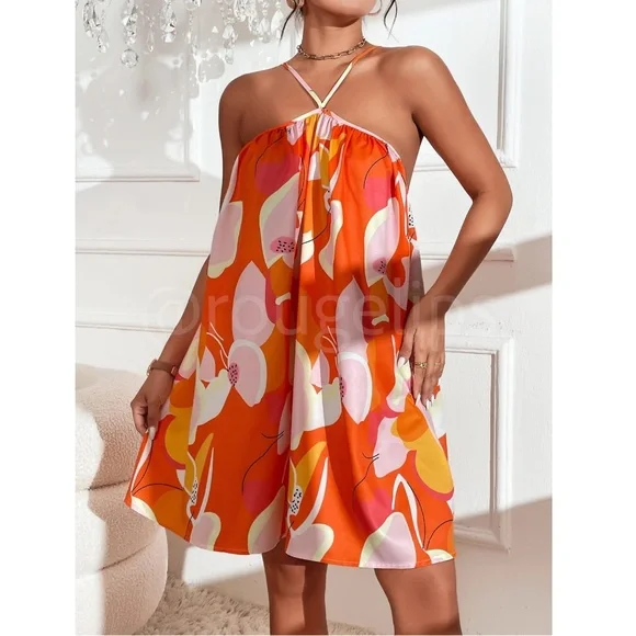 Orange Floral Flared Dress Mini Short A-Line Neck Ties - Picture 3 of 9
